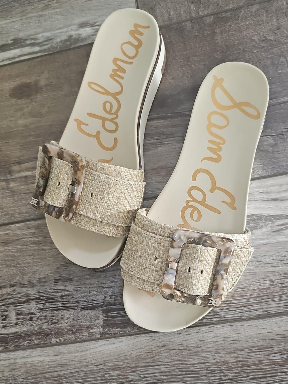 Sam Edelman Cream Woven Slide Sandals with Tortoiseshell Buckle